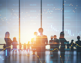 Many people stand in a room with windows. They are backlit and there is a graph superimposed over them.
