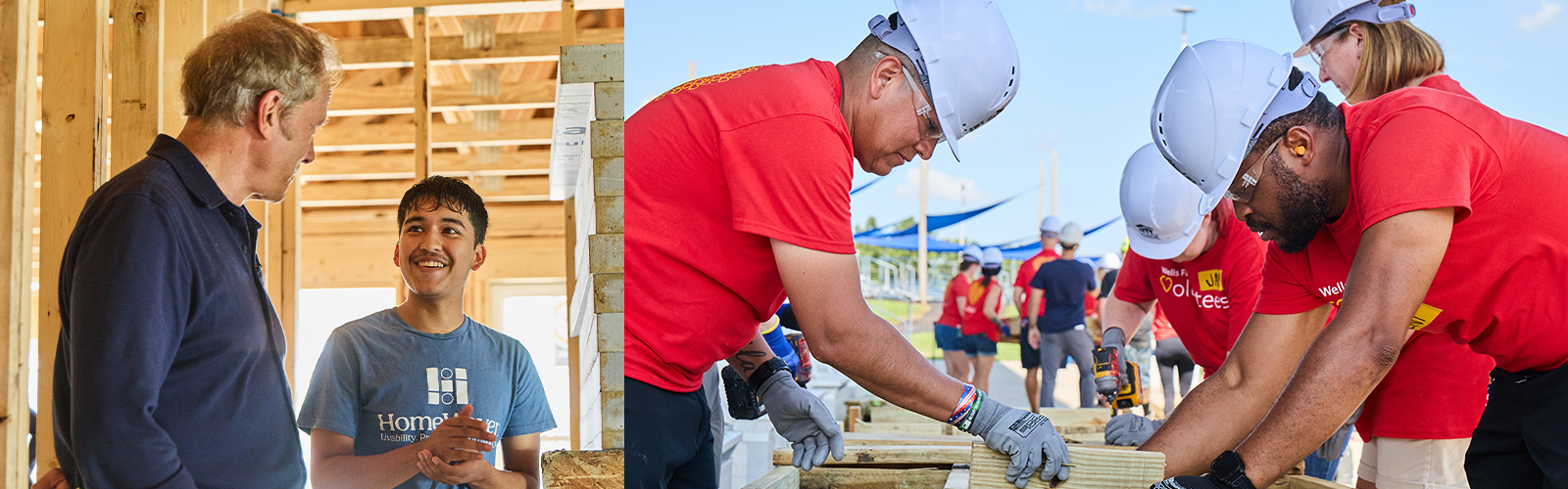 Split image. At left, two people stand inside a home under construction. At right, volunteers work on a home construction project.