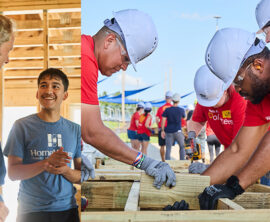 Split image. At left, two people stand inside a home under construction. At right, volunteers work on a home construction project.