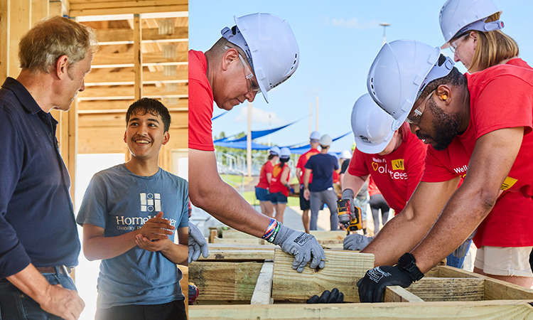 Split image. At left, two people stand inside a home under construction. At right, volunteers work on a home construction project.