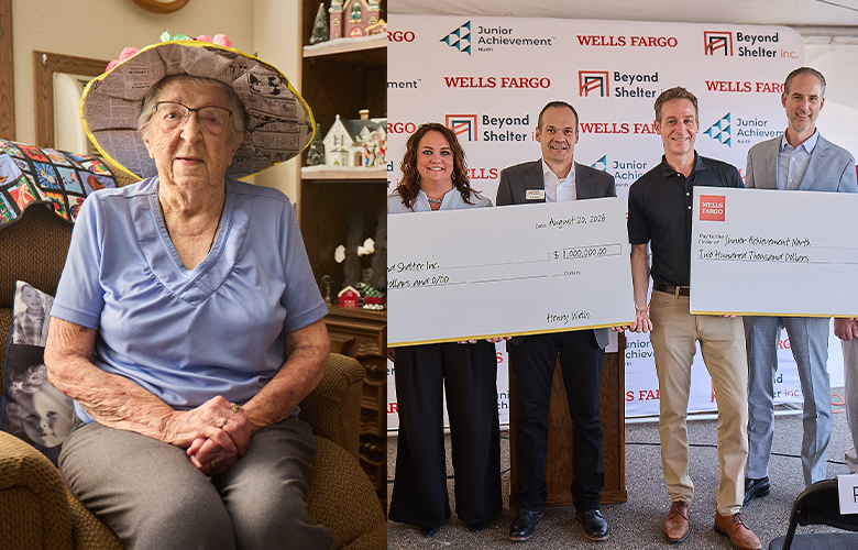 Split image: At left, A woman sits on a chair in her home. At right, several people stand in front of a backdrop while holding two oversized grant checks.