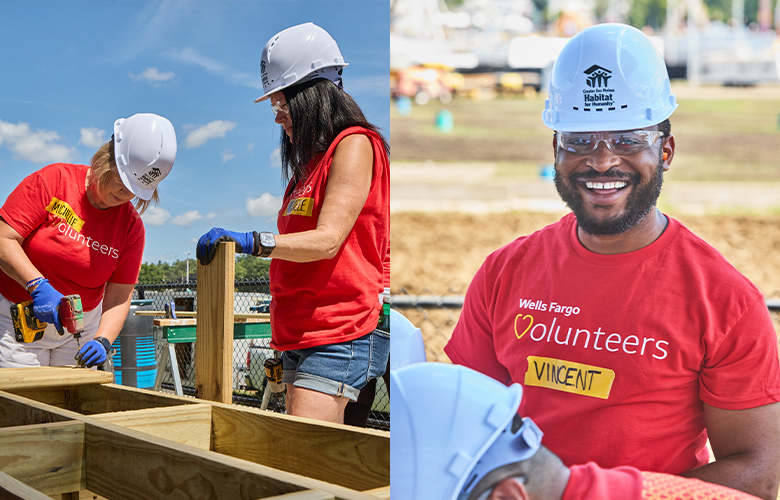 Split image showing Wells Fargo volunteers participating in homebuilding activities.