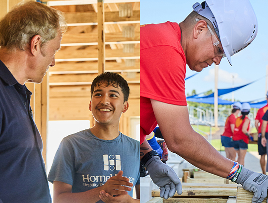 Split screen image - two men talking to each other on the left; a man in a hard hat and red shirt working on a construction site on the right.