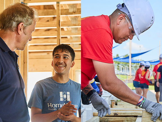 Split screen image - two men talking to each other on the left; a man in a hard hat and red shirt working on a construction site on the right.