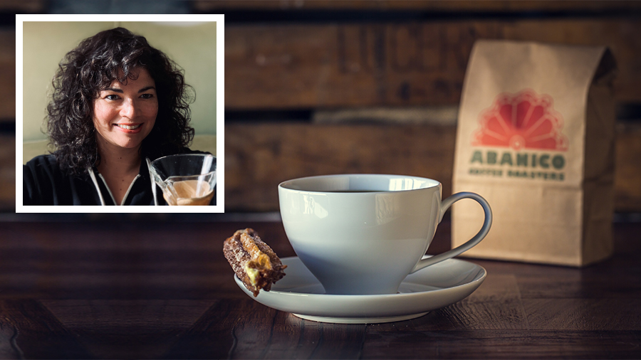 A photo of Ana Valle is next to a photo of a coffee cup and saucer and bag of coffee with the Abanico Coffee Roasters logo.