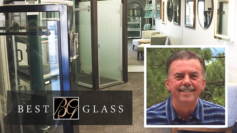 Bob Hittenberger’s headshot is paired with images of the Best Glass logo and some of its products.