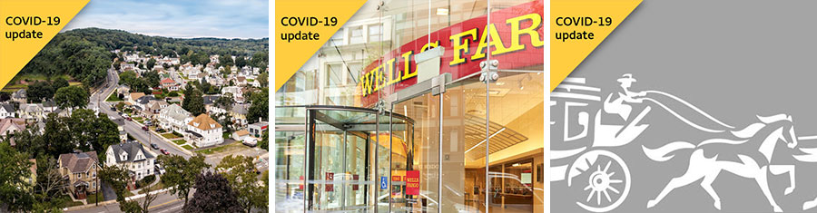 A triptych of images - of a landscape, a Wells Fargo branch entrance, and a gray stagecoach logo - each has a yellow triangle at the top-left corner of the image that says 'COVID-19 update'
