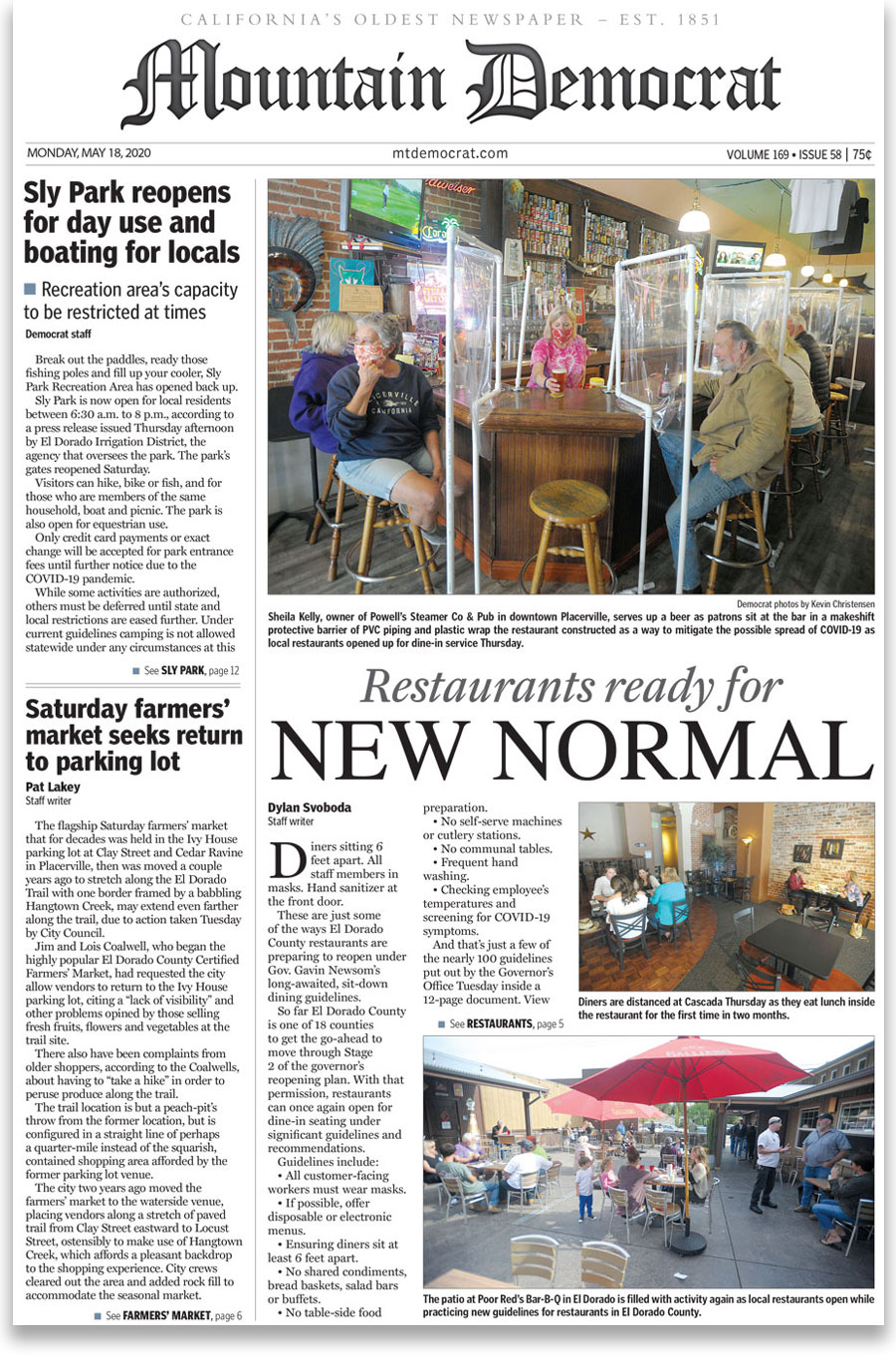 An image of the Mountain Democrat’s front page from May 18, 2020. The main headline reads “Restaurants ready for new normal.”