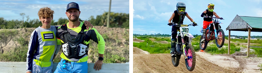 There are two photos side by side: At left, Gabe Solomon and his son Gabe Jr. are dressed in green, gray, light blue, and navy blue rider uniforms at a dirt bike track in South Florida. At right, they take their bikes airborne as they ride together.