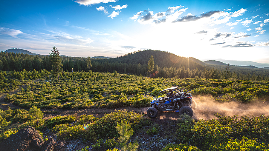 An off-road side by side vehicle kicks up dust as the driver takes it along a dirt trail surrounded by green fields and trees, with a mountain range in the distance.
