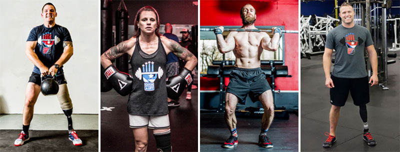 Veterans Tyler Anderson, Sarah Rudder, Ryan Betts, and Justin Lansford at their local gyms or using the home gym equipment provided by Catch A Lift.