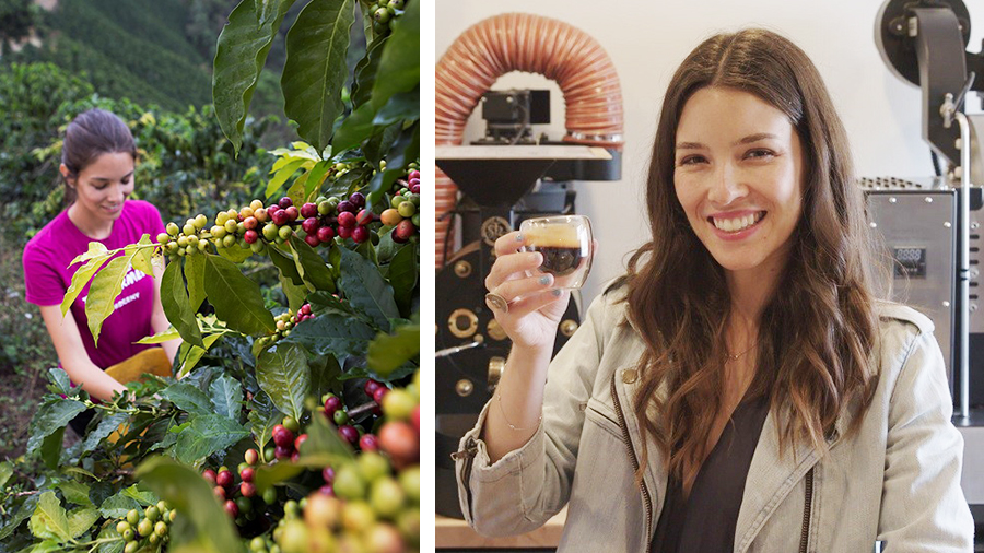 At left, Maria Palacio stands outside and looks down at plants. On the right, she holds a cup of coffee and smiles ahead.