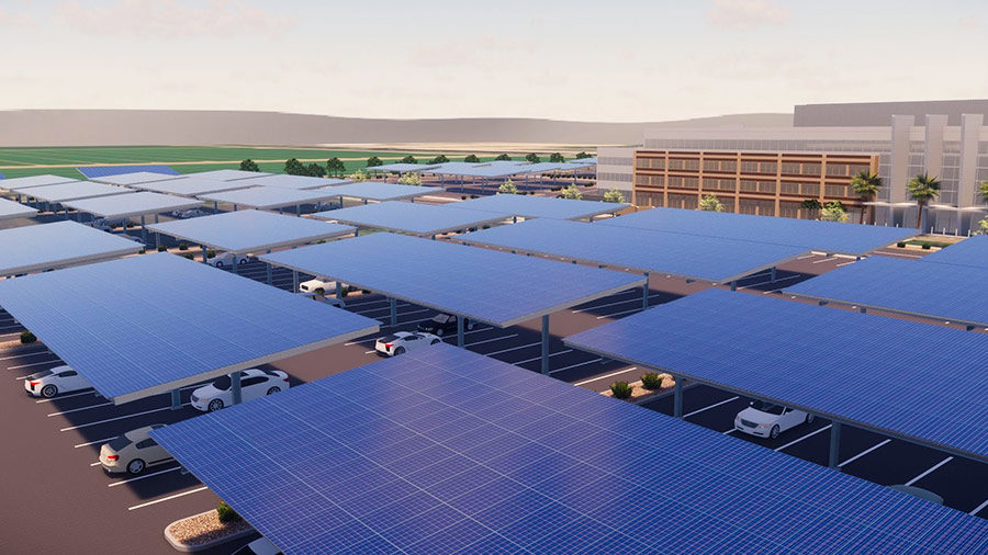 A computer-generated image shows the planned carport solar panels.