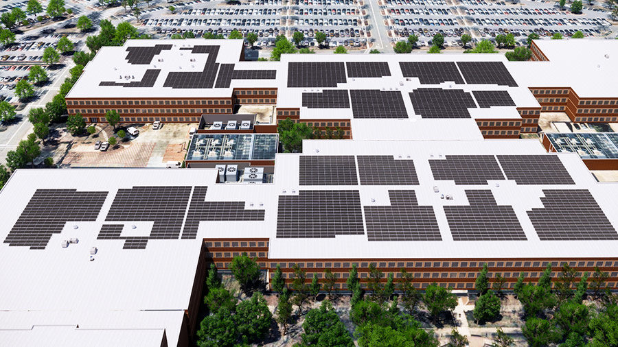 A computer-generated image shows the planned rooftop solar panels.