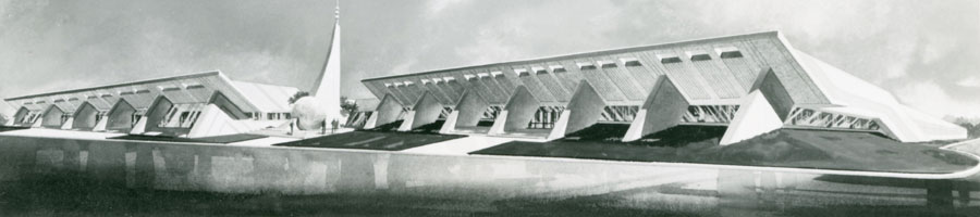 A black and white illustration of two buildings. Each has a wing at a 45-degree angle to the building that holds the solar panels.