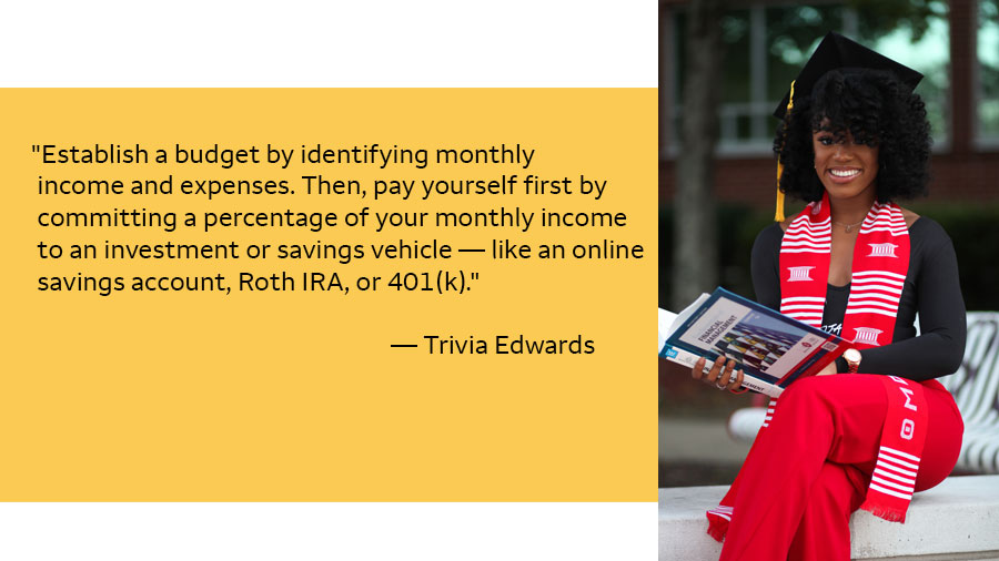 A photo of Trivia Edwards with a graduation cap on while holding a book and smiling is next to her quote:
