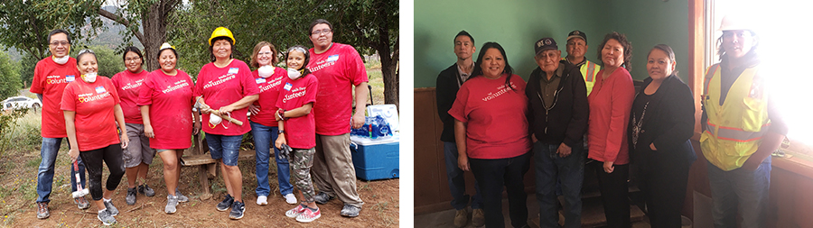Wells Fargo employee-volunteers and community members gather outside (image on left) and inside (image on right) a freshly painted home on the Fort Apache Indian Reservation.