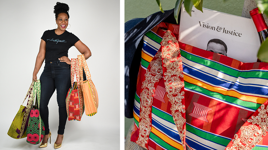 A photo of Dionne McCray posing while holding several tote bags is next to an up close photo of a colorful tote bag.