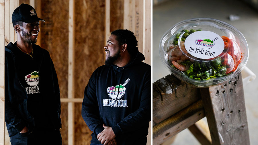 In an image on the left, two men wearing The Poke Bowl shirts smile at each other while inside a construction site. On the right is a photo of a plastic takeout bowl with food inside and a label with The Poke Bowl on it.