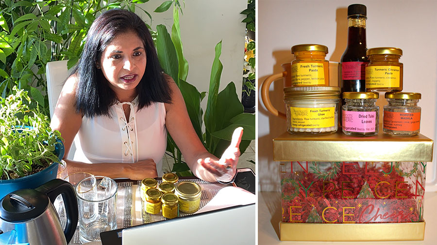 A woman sits at a table with plants nearby and looks at a laptop. In front of her and in the photo next to that one are several jars and containers. In the photo on the right, some of the labels say: Turmeric Paste, Turmeric Cinnamon Paste, etc.