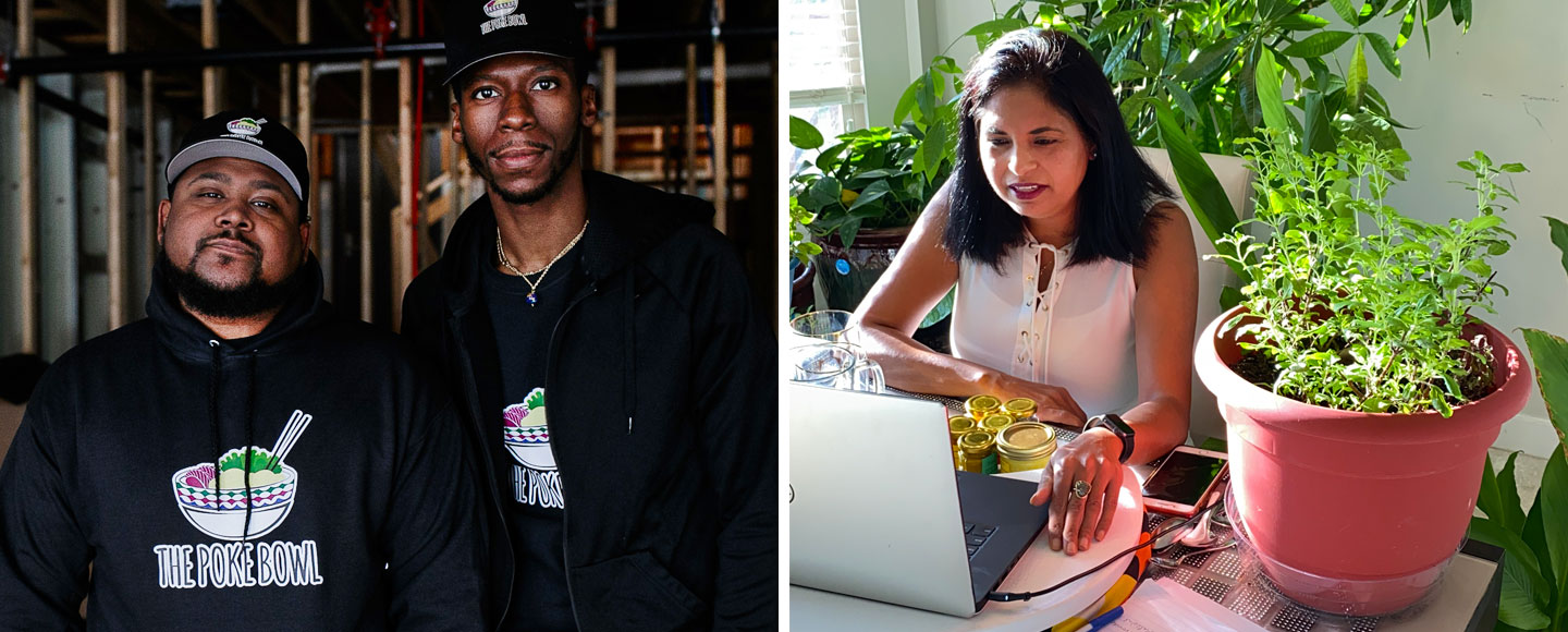In the left image, two men wearing Poke Bowl graphic hats and shirts look ahead while they stand inside a construction site. On the right is a photo of a woman sitting at a table inside, with plants around her, while she looks at a laptop.