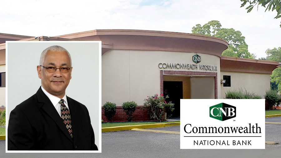 Exterior shot of Commonwealth Nation Bank, with an image of Sidney King and the bank's logo.