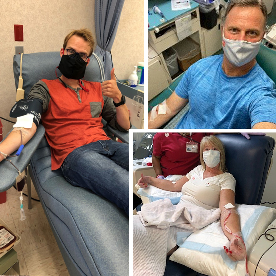 Three images show two men and a woman as they wear masks and look at the camera while donating blood, platelets, or double red blood cells. A bandage covers the IV in their arms.