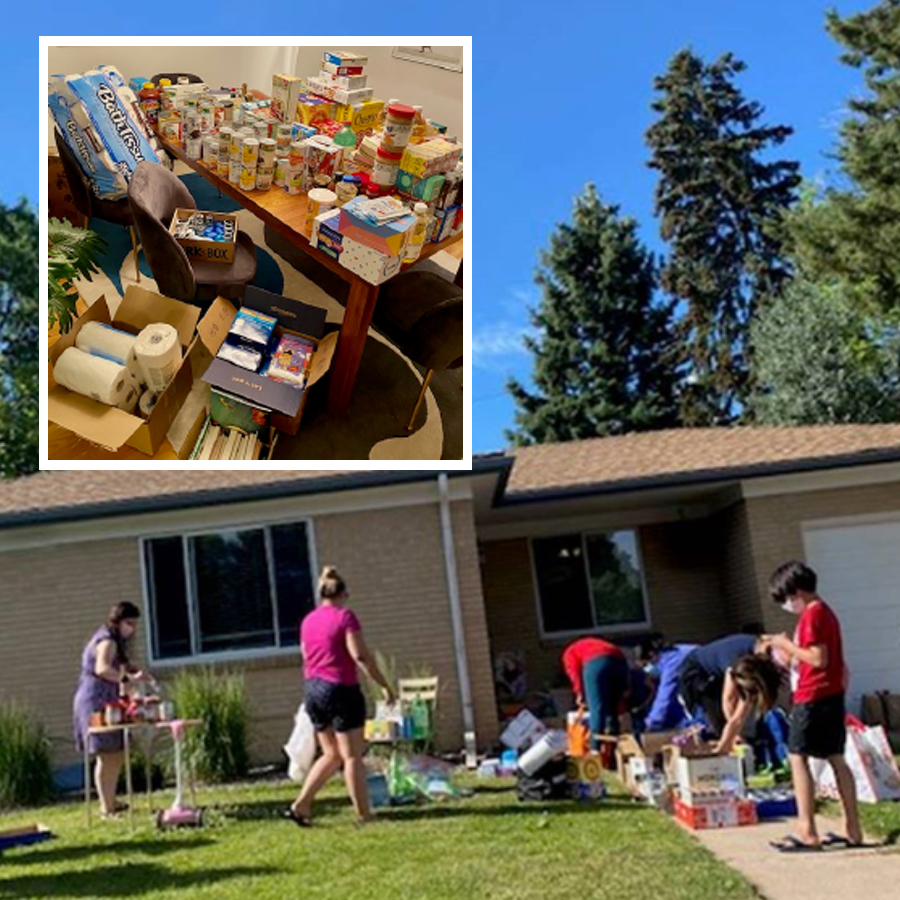 An image shows people outside of a house looking into boxes on the ground. The inset image shows an indoor room with food, paper products, and other supplies on and below a table.