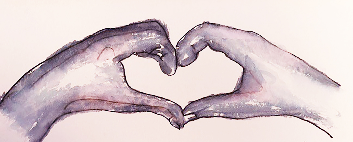 A painting shows two hands coming together to make a heart shape.