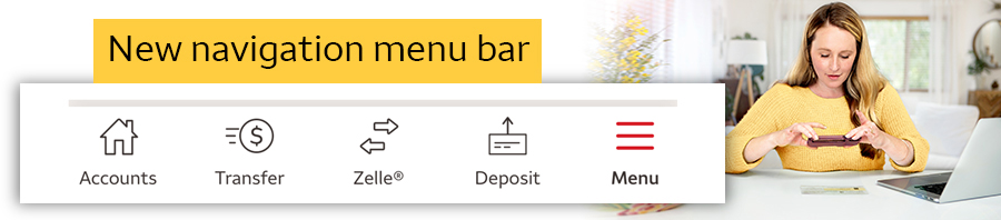 Five icons are shown to help guide customers to the transactions they need to do. The icons include a house for Accounts, dollar sign for Transfer, two arrows for Zelle, a rectangle for Deposit, and three red lines for Menu.