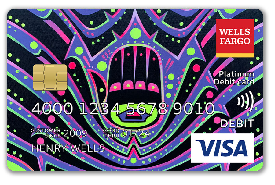 A Wells Fargo debit card features an art piece that uses purple, black, pink, and green colors. In the middle is an artistic Hamsa Hand.