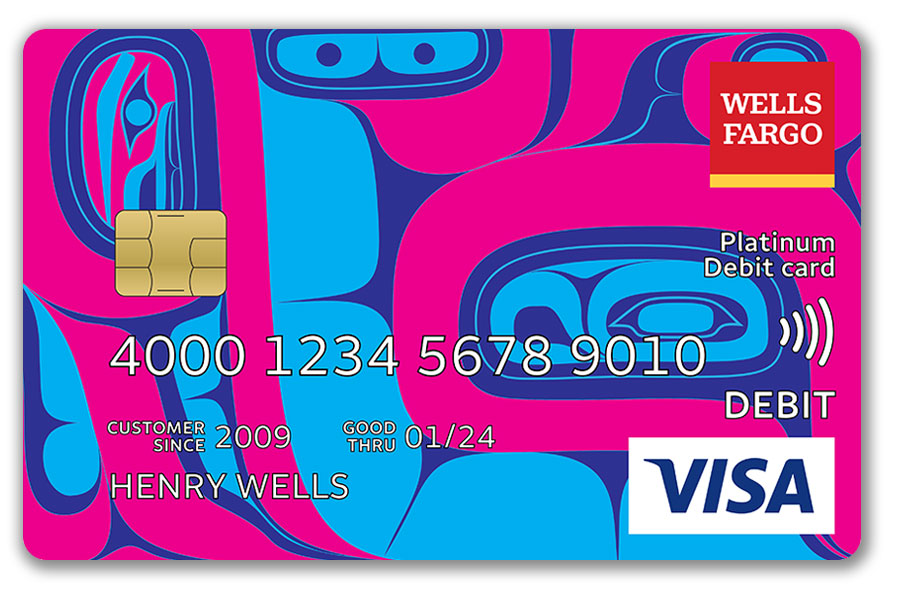 A Wells Fargo debit card features an art piece that uses pink, purple, and blue colors.