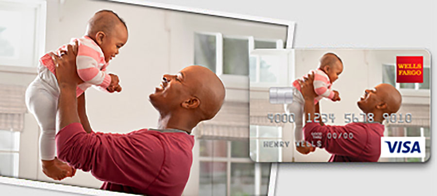 To the left, an image of a man in a red shirt smiling at a baby he is lifting in his hands. To the right, a Wells Fargo card featuring the image as a card design.