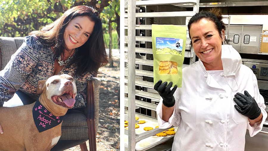 Dana Osbourne smiles while sitting next to a dog in one photo, and in another photo she wears a white jacket and black gloves with a white mask hanging beside her face while she holds a bag of dog treats in a kitchen.