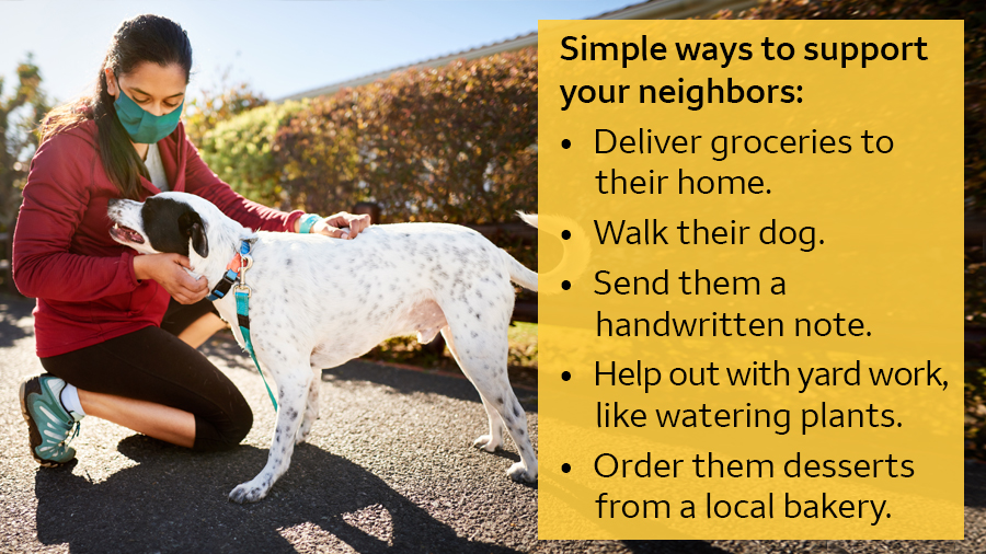 A woman with a mask on kneels to pet a dog. Next to her a box says: Simple ways to support your neighbors: Deliver groceries to their home. Walk their dog. Send them a handwritten note. Help out with yard work, like watering plants. Order them desserts from a local bakery.
