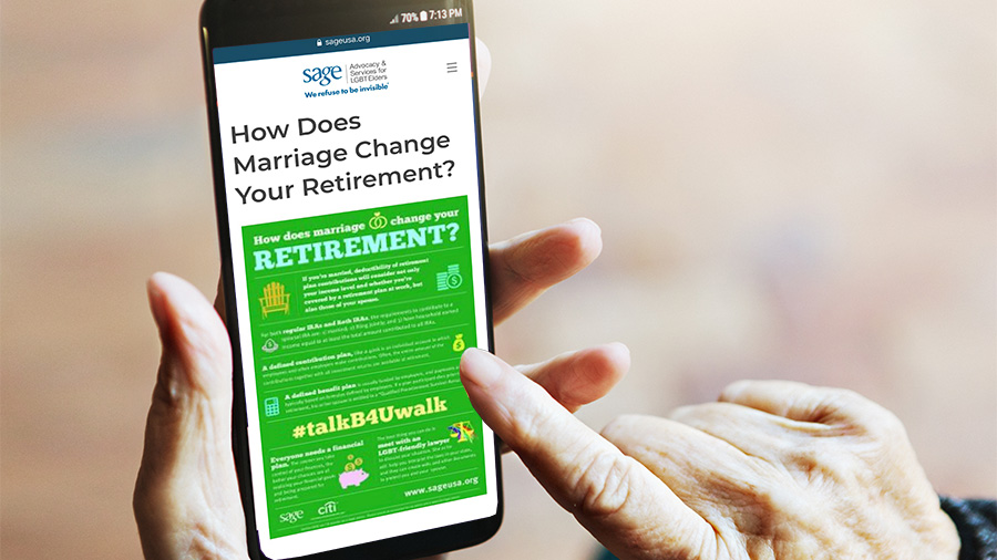 Hands hold a phone displaying the SAGECents app – visible words on the screen are “SAGE” “How Does Marriage Change Your Retirement?” “RETIREMENT”.