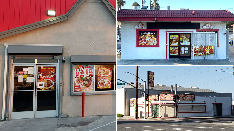 Tres imágenes muestran la parte exterior de los restaurantes Los 3 Pollos.