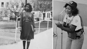 A collage of two black and white images. On the left, a photo of Gigi Dixon on the campus of Tennessee State University. On the right, Gigi Dixon stands at a microphone.