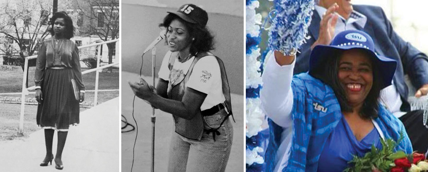 A collage of three images. On the left, a photo of Gigi Dixon on the campus of Tennessee State University. In the middle, Gigi Dixon stands at a microphone. On the right, Gigi Dixon is the grand marshal for TSU's 2017 homecoming.